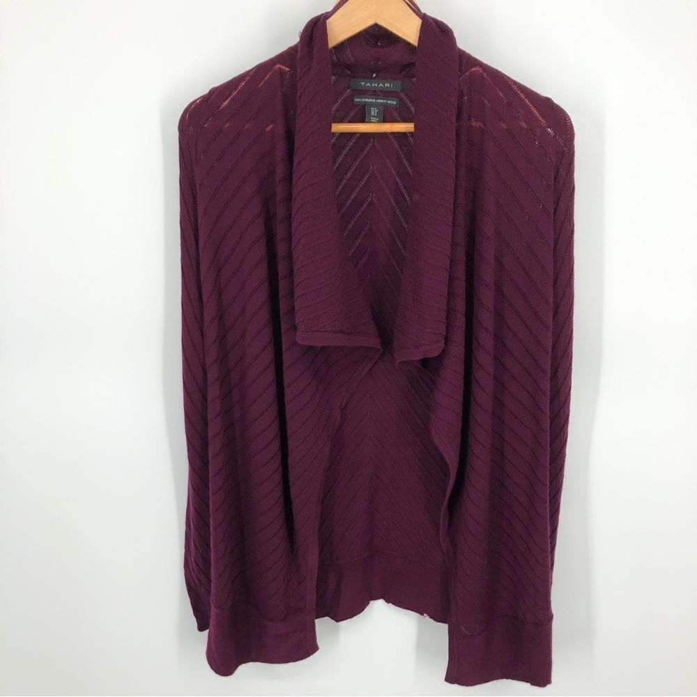 Tahari Merino Wool Waterfall Cardigan Womens Small Purple‎ Open Front